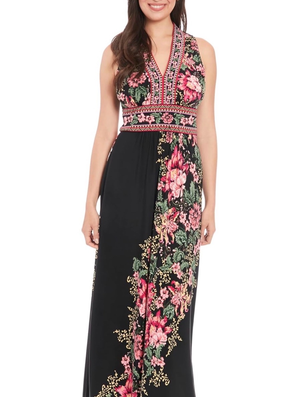 London Times Black Maxi Dress with Pink Floral Print Size 16